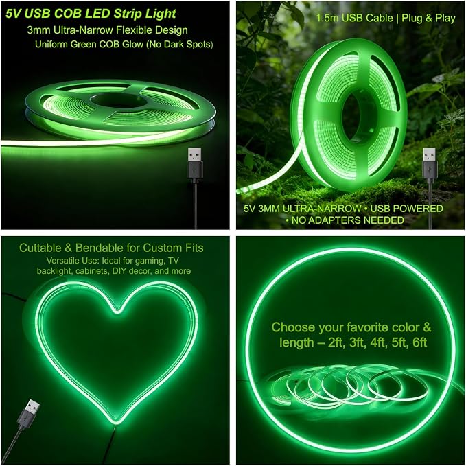 Ultra-Narrow 3mm USB-C COB LED Strip Lights Self-Adhesive, for Kitchen Cabinets, Bedroom, Gaming Desk (Green, 4ft) - Image 3