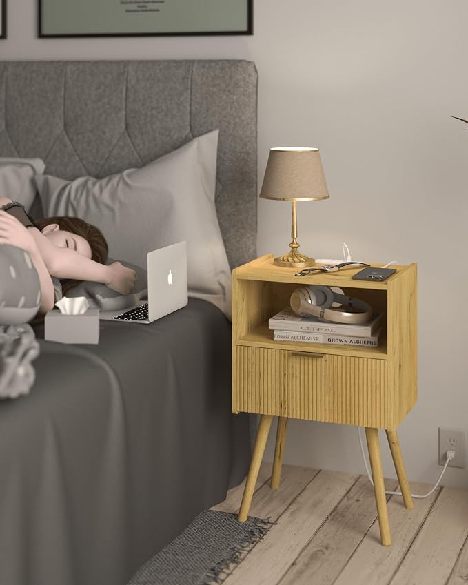 JOONEE Nightstand with Outlet,Modern Bedside Table with Storage Drawer and Open Wood Shelf, for Living Room, Bedroom and Small Spaces, Accent Night Stand with Solid Wood Legs, Easy Assembly,Yellow Oak - Image 6
