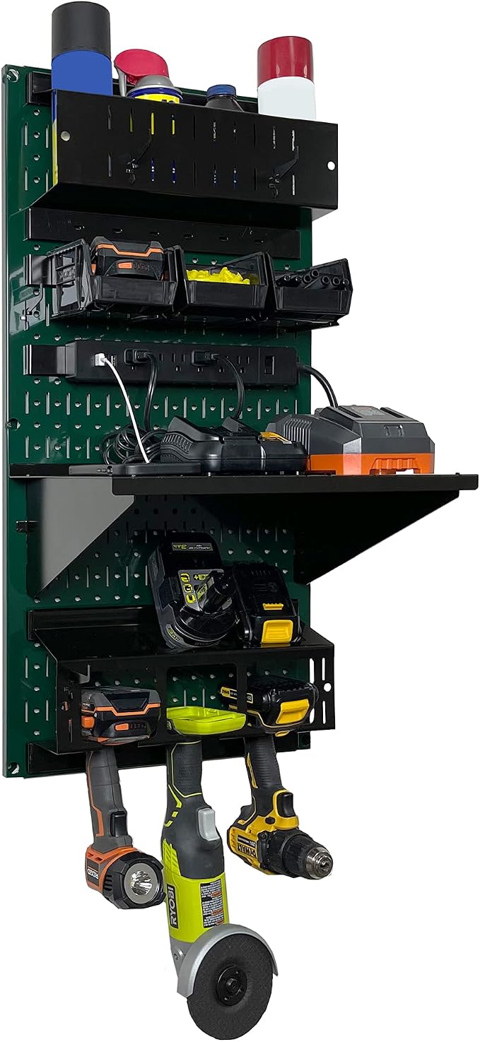 Wall Control Power Tool Storage Organizer Kit Cordless Drill Holder Charging Station Rack 16” x 32” Metal Pegboard Organization System (Green Pegboard) - Image 3
