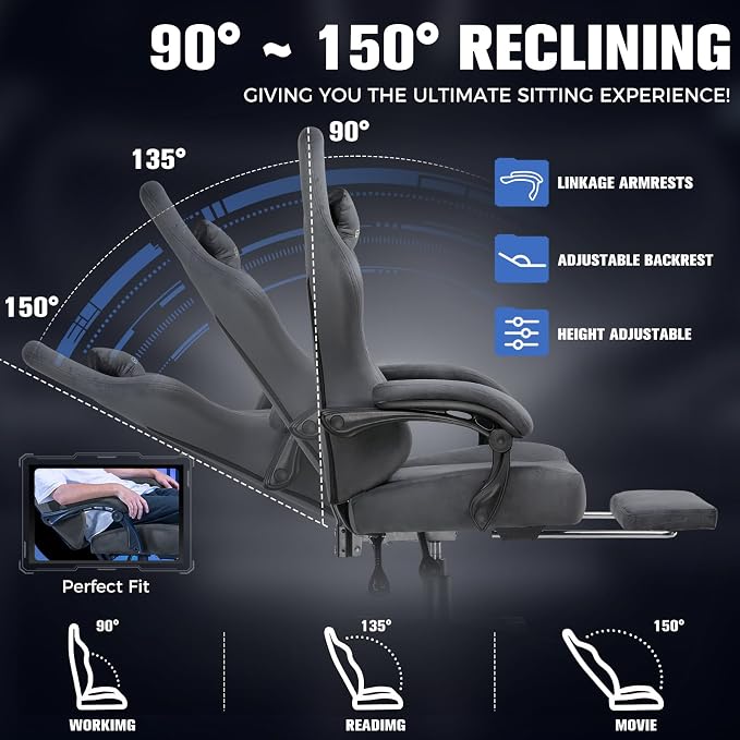 GTPLAYER Big and Tall Gaming Chair 400lbs Heavy Duty Office Chair with Foot Rest, High Back Pocket Spring Ergonomic Computer Chair for Adults, Wide Comfy Seated Cushion with Linkage Armrests, Grey - Image 7
