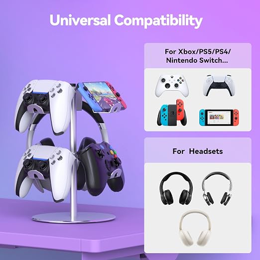 DGPCT Aluminum Rotating Controller Stand for Xbox/PS5/Switch, 2-Tier | 6 Hangers to Place, Holds Headset & Controllers, Stable Controller Organizer Rack, Fits for Switch Pro/PS4 and More, Silver - Image 2