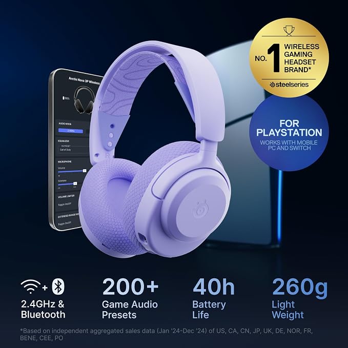 SteelSeries Arctis Nova 3P Wireless Multi-Platform Gaming Headset — Mobile App Control — 40 HR Battery — Neodymium Magnetic Drivers — 2.4GHz/Bluetooth — PS5, PS4, PC, Switch, Mobile — Lavender - Image 2