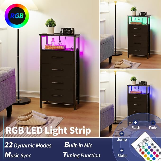 Yoobure Night Stand - Black Nightstand with Charging Station, Small Dresser - Image 4
