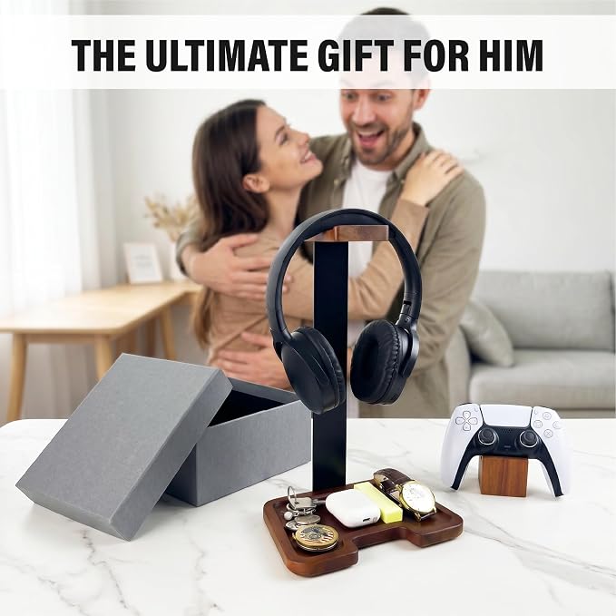 Gaming Equipment Headset Stand with Game Controller Holder & Storage Base, Stylish Gamer Gifts for Men Teenage Boy Headphone Stand, Unique Gifts for Gamers to Organize Gaming Accessories (Brown Wood) - Image 3