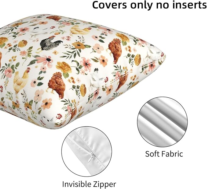 Chicken Pillow Cases & Throw Pillow Covers Set of 2, 18x18 Inch Soft Short Plush, Gifts for Chicken Lovers, Farmhouse Floral Decor for Living Room Bedroom Game Room(Chicken) - Image 5