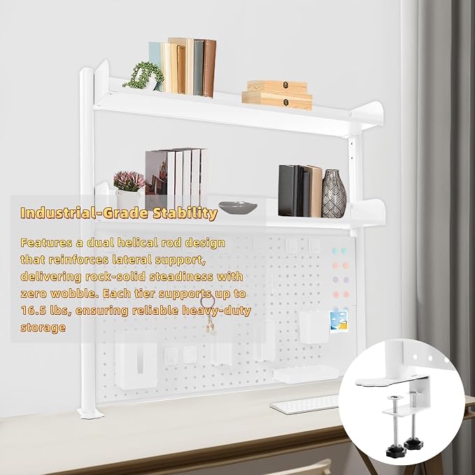 Clamp on Desk Pegboard, 39.4" W x 37.4" H Desk Extender Pegboard Bookshelf Computer Desk Accessories with Shelf for Tool Organizer Office, Privacy Panel for Gaming Desk, White - Image 5