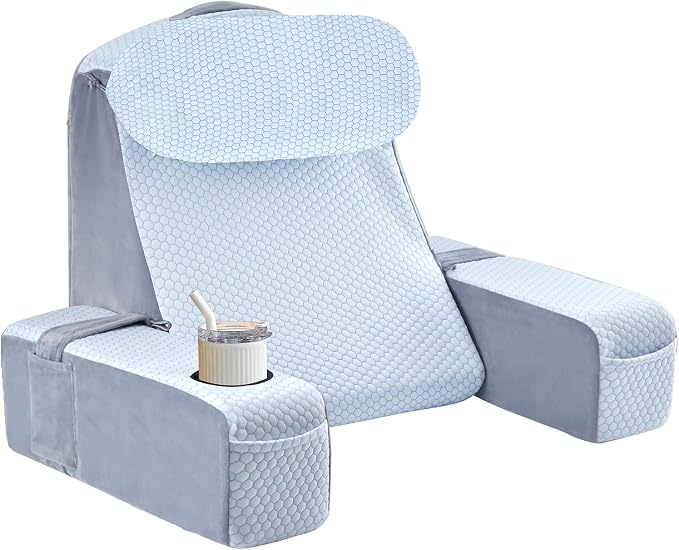Reading Pillow for Adults, Back Pillow for Bed Sitting Up, Backrest Pillow for Sitting in Bed, Detachable Arms with Built-in Cup & Phone Caddy (White Cooling - Polka, 19 INCH) by ASAWESLING