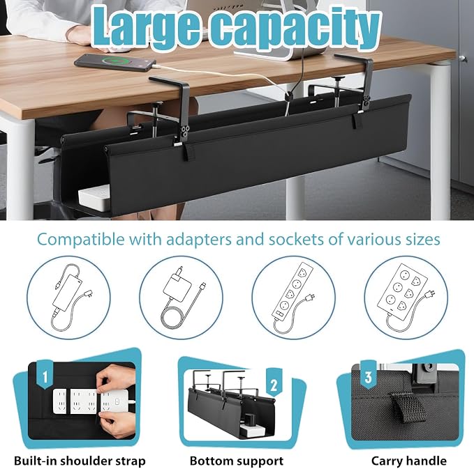 Oxford Cloth Under Desk Cable Management Tray,No-Drill 36" Desk Cable Management Organizer with Clip/Screw Installation,Fabric Cable Management for Home,Office & Gaming Computer(Black) - Image 3