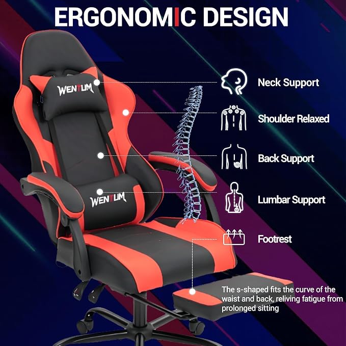 Gaming Chair with Footrest for Adults, PU Leather Massage Racing Video Game Chair w/Lumbar Support for Men Women, Ergonomic Computer Gamer Chair for Home Office, Height Adjustable, Red - Image 4