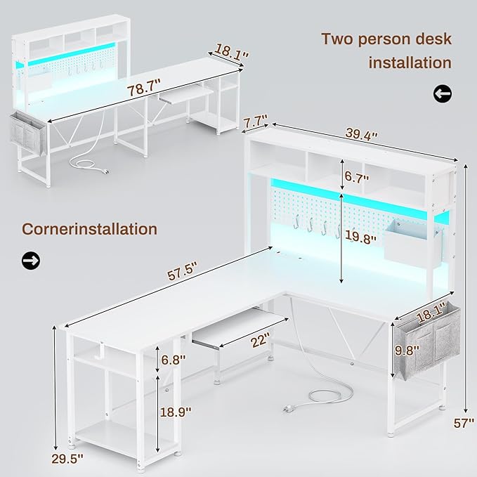 SEDETA White L Shaped Office Desk, 57.5” Corner Computer Desk with Power Outlet Pegboard and Keyboard Tray, Gaming Table with LED Lights, Hutch and Storage Shelves for Home Office - Image 2