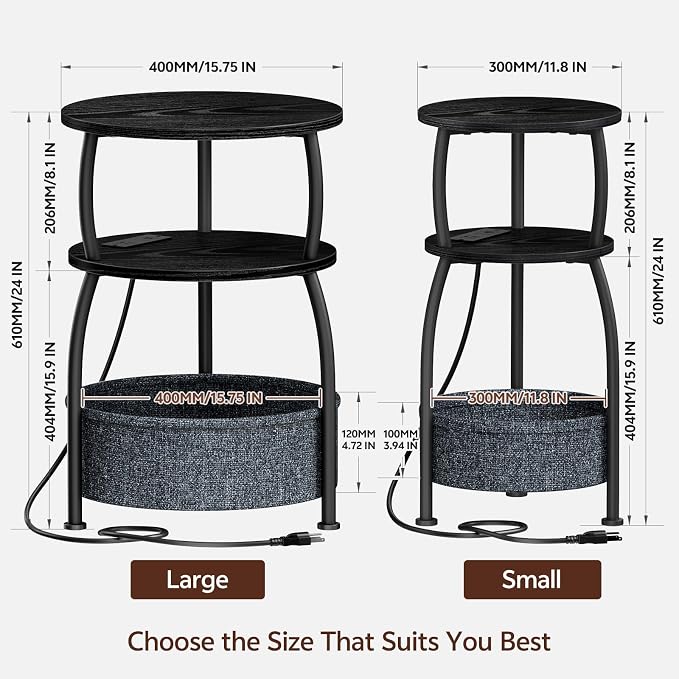 Round Side Table with Charging Station, USB Type C Port, Black - Image 3