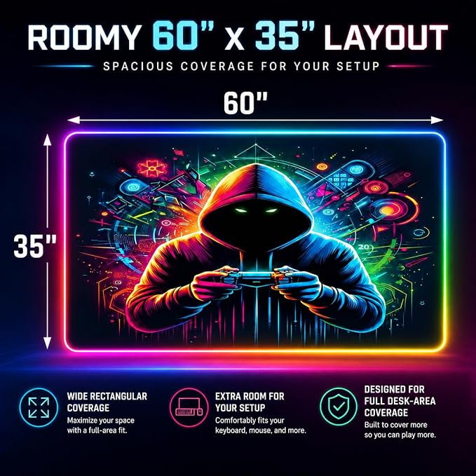 Gaming Rug RGB LED Light (3x5 Gamer) - Bedroom Gamer Rug Floor Mat Gaming Decor - Kids Room Rug Anti Slip Mat for Chair – Play Game Room Décor for Teen, Boys, Kids - Image 2