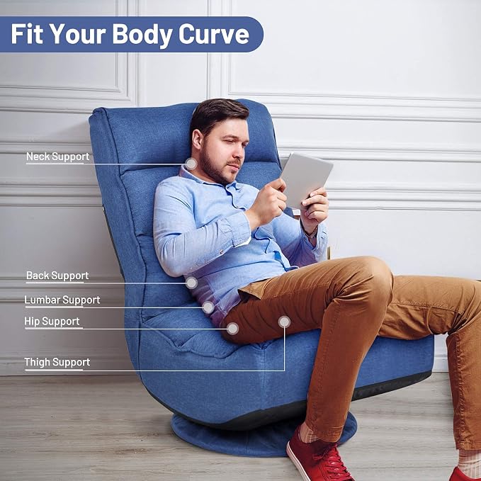 GIANTEX 360 Degree Swivel Gaming Chair, 6 Position Adjustable (Blue) | Folding Floor Chair, 300lb Spring Support, Comfortable Padded Backrest, Lazy Sofa Chair Game Rocker for Teens Adults - Image 7