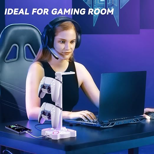 KDD Gaming Headphones Stand, Rotatable Headset Stand with Light Modes - Controller Holder with 2 USB Charging Ports and 3.5mm - Earphone Hanger Accessories for Desktop Gamer(White) - Image 7