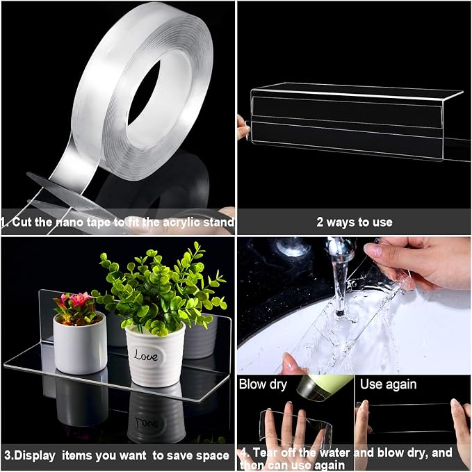 Jetec 8 Pieces Acrylic Floating Shelves, 12 Inch Acrylic Wall Mounted Hanging Shelf Bookshelf with 5 Meters Nano Double Sided Tape for Bedroom, Gaming Room, Living Room, Bathroom, Office(Clear) - Image 4