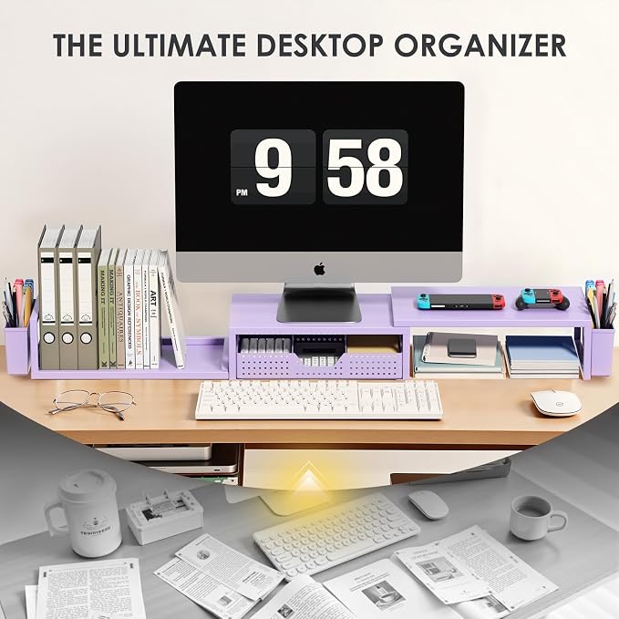 OPNICE Desk Organizers and Accessories, Dual Monitor Stand Riser with Drawer and 2 Pen Holders, Desk Shelf Computer Racks for Office Workspace Organizers, Desktop Organization (Purple) - Image 5