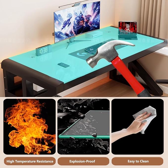 Gaming Desk with Pegboard and Storage Shelves,Tempered Glass Computer Desk Workspace,Modern Writing Study Table Gaming Table with Metal Frame for Home Office(160x60x165cm(63x24x65inch), E) - Image 3