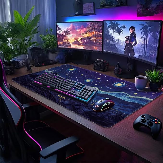 Starry Night Cat Large Gaming Mouse Pad Desk Mat 31.5"x15.7" | Extended Mousepad, Non-Slip Rubber Base , Stitched Edges, for Computer/Laptop/Office/Home - Image 2