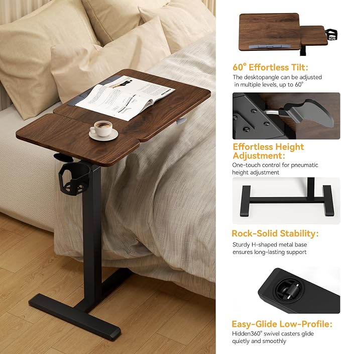 Overbed Bedside Table with Wheels, Pneumatic Adjustable Medical Tilt Top Hospital Bed Table Over The Bed, Rolling Laptop Desk, Mobile Standing Desk for Hospital and Home Use, Walnuts - Image 5