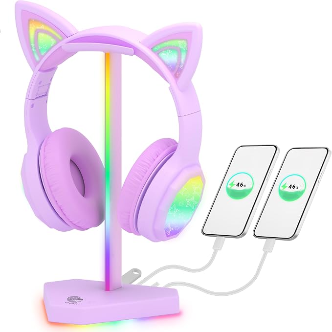 RGB Headphones Stand with 1 USB-C Data Transmission& 3 Type-C Charging Port, Desk Gaming Headset Holder with 7 Light Modes and Non-Slip Rubber Base (Purple) by charlxee
