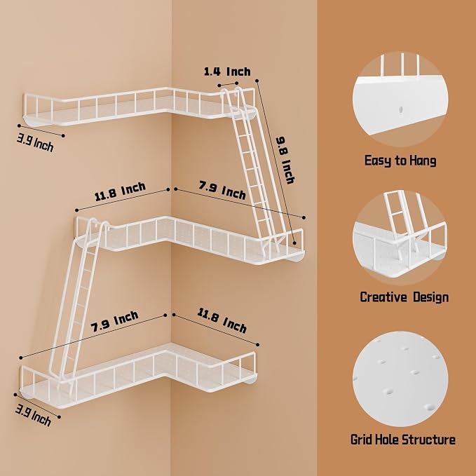 Fire Escape Wall Shelf - Modern City Style 3-Tier Corner Wall Shelves, Easy to Install Metal Ladder Shelf for Figures, New York Decorative Shelves for Bathroom, Living Room & Home Decor,White - Image 2