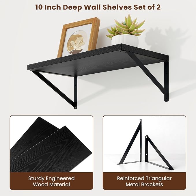 Axeman 20 Inch Floating Shelves, 10 Inch Deep Black Wall Shelves Set of 2 - Image 5