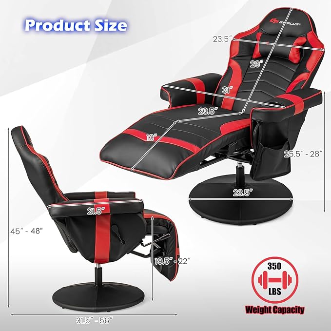 POWERSTONE Gaming Recliner, Adjustable Massage Gaming Chair with Cup Holder Footrest Ergonomic Single Sofa Living Room Home Theater Seating with Side Pouch (Red) - Image 3