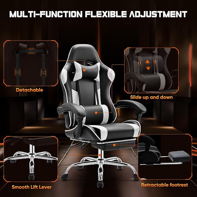 Sweetcrispy Gaming Chair, High Back Office Chair, Home Office | PU Leather Ergonomic, Adjustable Headrest Footrest, Linkage Armrest, Video Racing, White - Image 7