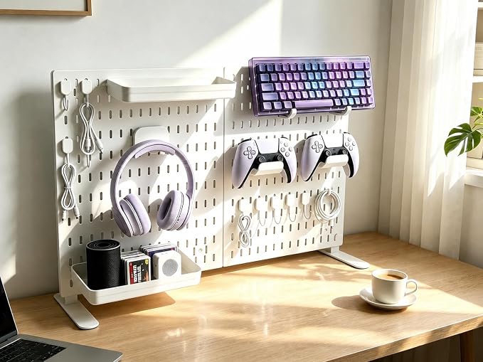Gaming Desk Organizer, No-Drill Freestanding Desk Pegboard with Headphone Stand, Controller Holder, Keyboard Stand & Shelves, 5-in-1 Gaming Setup Accessories for Dorm Room & Home Office, White - Image 4