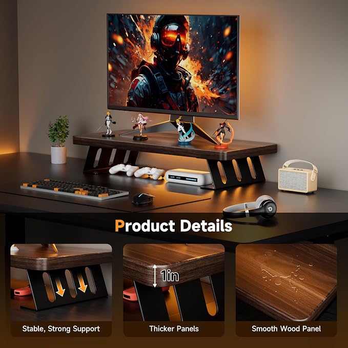 Monitor Stand – 24 Inch Wood Monitor Riser, Holds Up to 220 Lbs, Perfect as a Printer Stand or Laptop Riser, Desktop Shelf for Home Office & Gaming Setup-Dark Walnut - Image 2