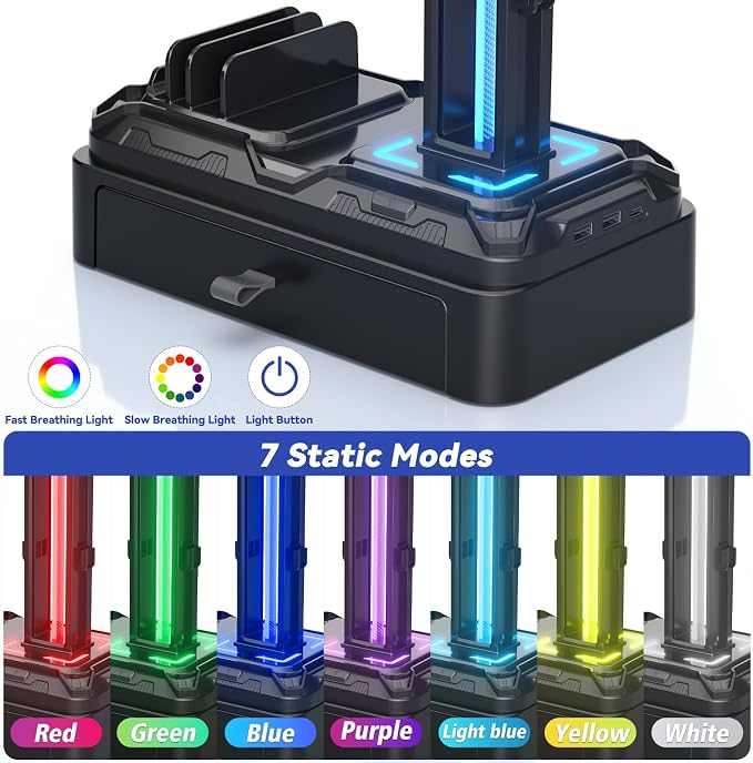 KDD Headphone Stand with USB A&C Charger Ports - RGB Controller Stand with Detachable Hooks - Rotatable Headset Hanger & Device Slot for Phones/Tablets - Drawer Storage Base for Gaming Desk Organizer - Image 3