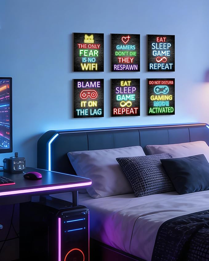 KUVIOKE Video Gamer Room Decor for Teen Boys Gaming Wall Art Gamer Neon Sign Teenage Bedroom Decor Ready to Hang Set of 6, 8x10in (Framed) - Image 6