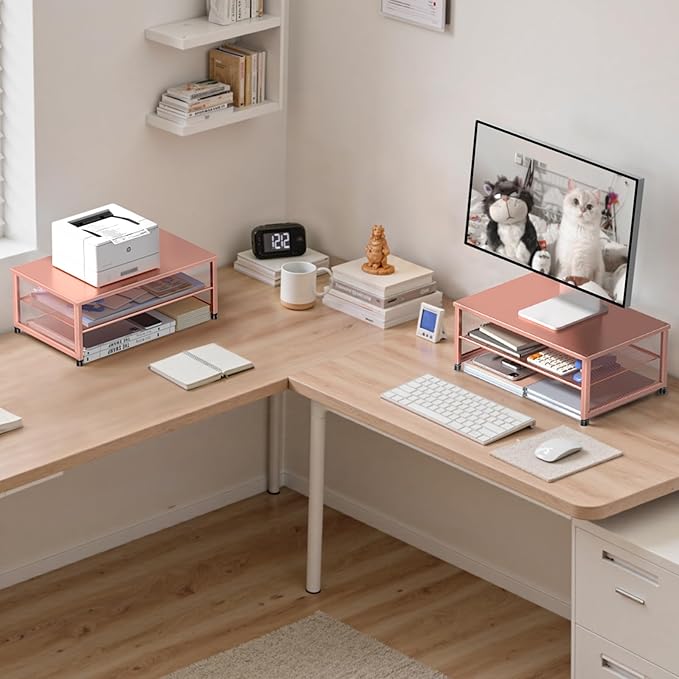 ECOLOVI 2-Tier Computer Monitor Stand Riser, Printer & Laptop Stand, Office Desk Accessories, Workspace Desk Organizer for Home Office Supplies, Rose - Image 3