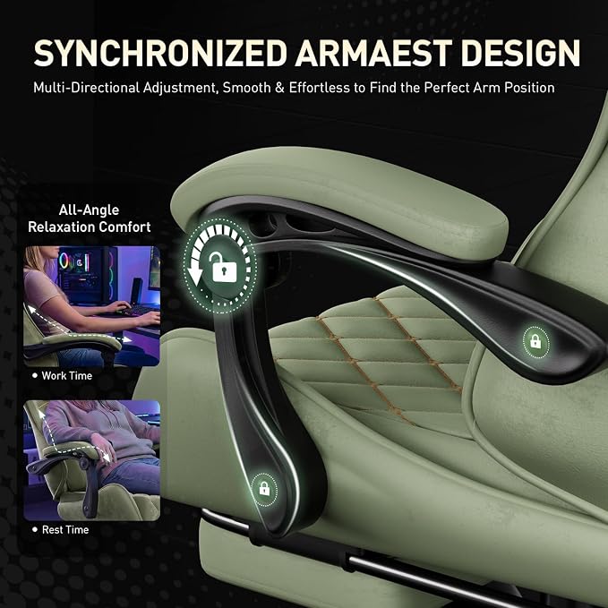 HLDIRECT Massage Recliner Gaming Chair with Footrest for Adults, Green | 300lbs Capacity, Ergonomic Office Computer Chair, Lumbar Support, Breathable Fabric, Headrest, 360° Swivel, Metal Frame - Image 8