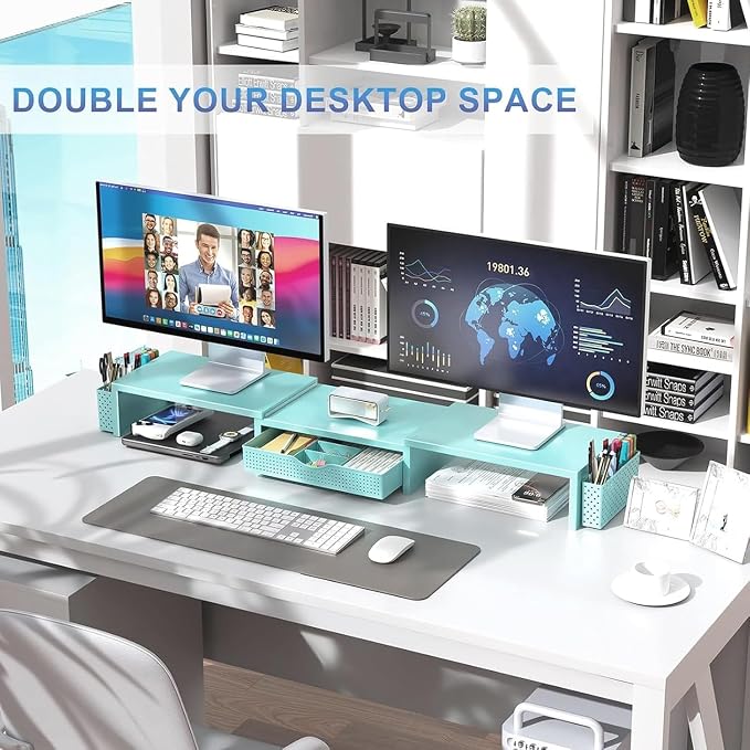 gianotter Dual Monitor Stand Riser With Drawer and 2 Pen Holders | Computer Monitor Stand Desk Organizer and Accessories Desk Shelf for Top of Desk (Blue) - Image 6