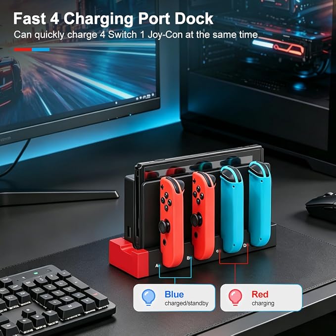 Accessories Bundle for Nintendo Switch 1/OLED, OUNFNOE 19-IN-1 Kits for Switch OLED Accessories, Carrying Case, Controller Charging Dock, Joy-Con Thumb Grips, Tempered Screen Protector, Steering Wheels for Mario Kart, Protective Console Cover - Image 4