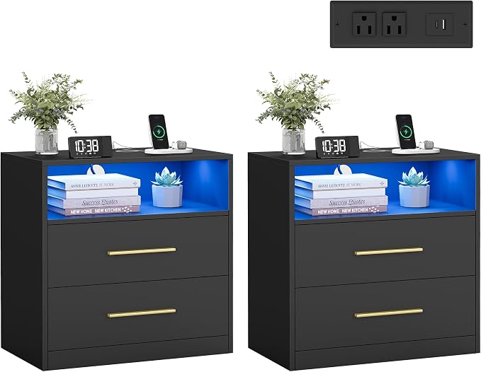 VASAGLE 23.6‑Inch Wide Nightstands, Set of 2, LED Lights, 2 Drawers by Unknown