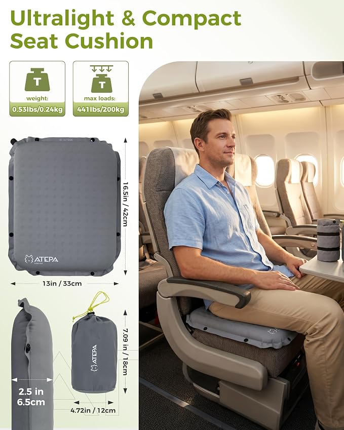 ATEPA Inflatable Seat Cushion | 2" & 2.5" Foam Core Seat Pad, Compact, Stadium, Airplane, Travel, Camping, Hiking, Sports Events, Self Inflating - Image 2