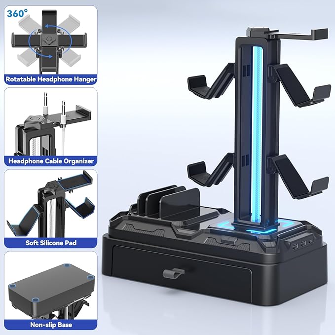 KDD Headphone Stand with USB A&C Charger Ports - RGB Controller Stand with Detachable Hooks - Rotatable Headset Hanger & Device Slot for Phones/Tablets - Drawer Storage Base for Gaming Desk Organizer - Image 6