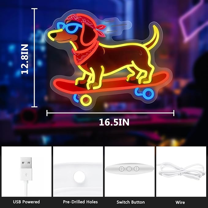 Skateboard Dog Neon Signs, Dachshund Skateboarding Neon Sign Cool LED Wall Art Decor | Dimmable Dog Lover Gift | Idea for Living Room, Bar, Shop, or Birthday Party - Image 6