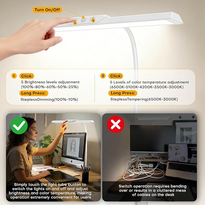 LED Desk Lamp for Office Home, Stepless Dimming Architect Desk Light with DC Adapter, Eye-Caring Desk Lamp with Clamp, 25 Lighting Modes Adjustable 12.8in Flexible Gooseneck for Workbench(White) - Image 5
