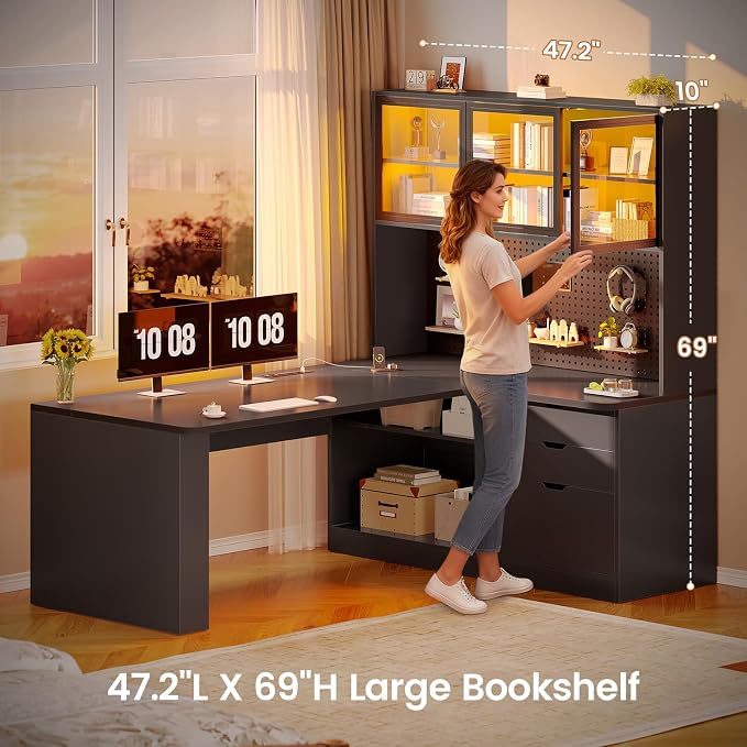 SEDETA L Shaped Corner Gaming Desk with 3 Wood Drawer and Large Bookshelf | L Shaped Computer Desk with LED Light, Display Cabinet and Pegboard for Home Office, 27.5" W Large Desktop Table, Black - Image 8