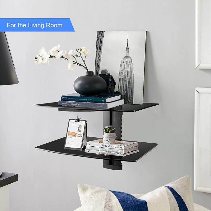 Suptek Glass Floating Shelves, TV Wall Mount with Shelf for DVD Player / PS4 / Cable Boxes/Game Consoles/Sky Box/TV Accessories, Flat Black 2-Tier Wall Mount Bracket - Image 7