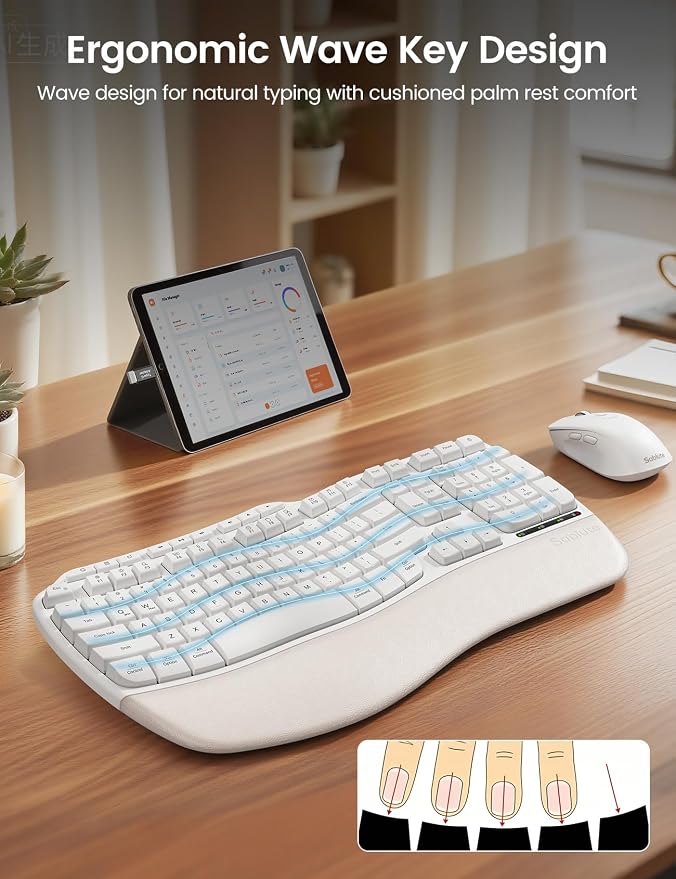 White Ergonomic Wireless Keyboard and Mouse Combo, 2.4G Full Size Ergo Wave Key Board with Cushioned Plam Rest, Natural Typing, 3 DPI Adjustable Silent Mouse for Computer/Laptop/Windows/Mac - Sablute - Image 2