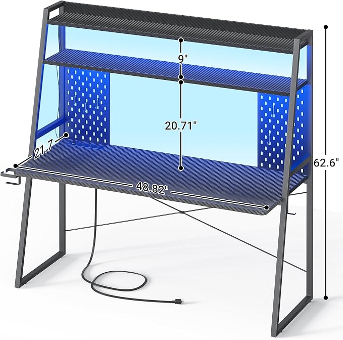 Besiost Gaming Desk with Hutch and LED Lights, Gaming Computer Desk with Power Outlets, Gamer Desk with Storage Shelves, PC Game Desks with Pegboards, for Bedroom, Carbon Fiber Black, 49" - Image 2