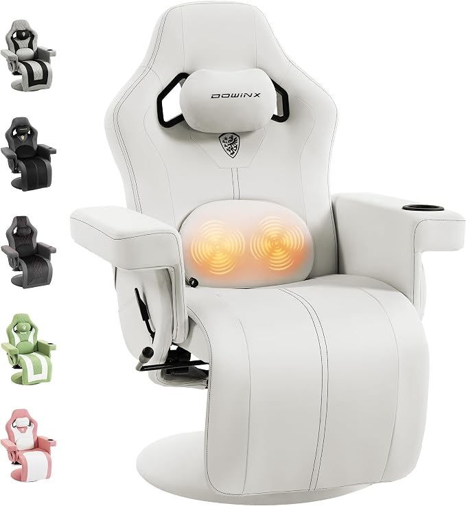 Dowinx Gaming Recliner Chair No Wheels with Footrest Shtasu Massage Lumbar | Racing Style Ergonomic High Back Recliner Heavy Duty with Wider Backrest Thick Cushion for Home Long Gaming Session White by Dowinx