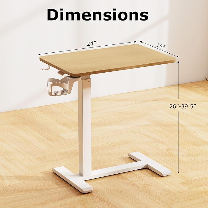 Tangkula Mobile Standing Desk, Pneumatic Height Adjustable Rolling Desk with Cup Holder & Headphone Hook, Overbed Table with Hidden Wheels, Laptop Computer Cart for Couch, Home, Office (Natural) - Image 3