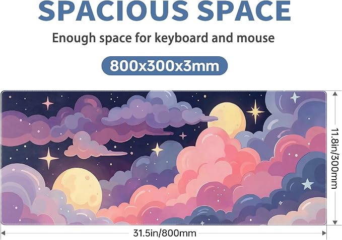 Cute Mouse Pad Kawaii Large Desk Mat Extended Keyboard Mouse Pad Pink Purple Cloud Mousepad with Non-Slip Base and Stitched Edge Gaming Mouse Mat Desk Pad 31.5 x 11.8 Mouse Pads for Desk Home Office - Image 2