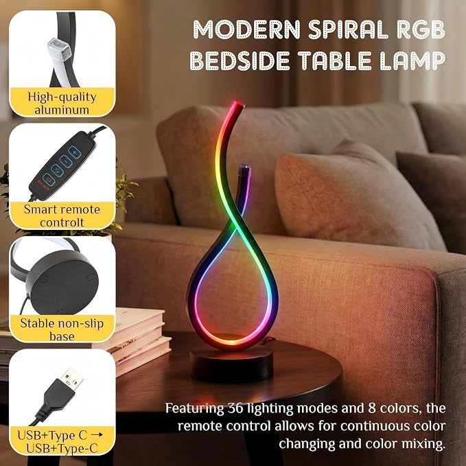 VIHOSE Spiral Unique Desk Lamp RGB Modern Spiral LED Table Lamp Bedside Nightstand Remote Control Dimmable 8 Colors 36 Light Mode Cool Stepless Desk Lamps USB Gaming Living Room Bedroom Gift, Black - Image 3