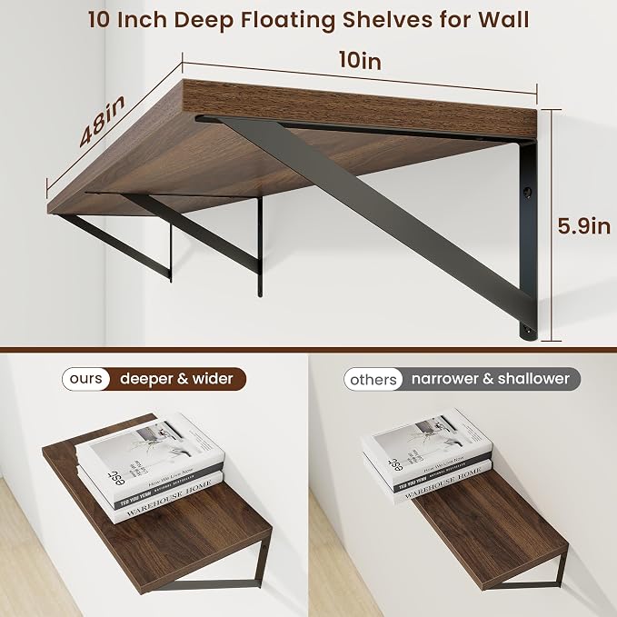 Axeman Deep Floating Shelves, 48'' x 10'' Walnut Wall Shelves Set of 2 - Image 3